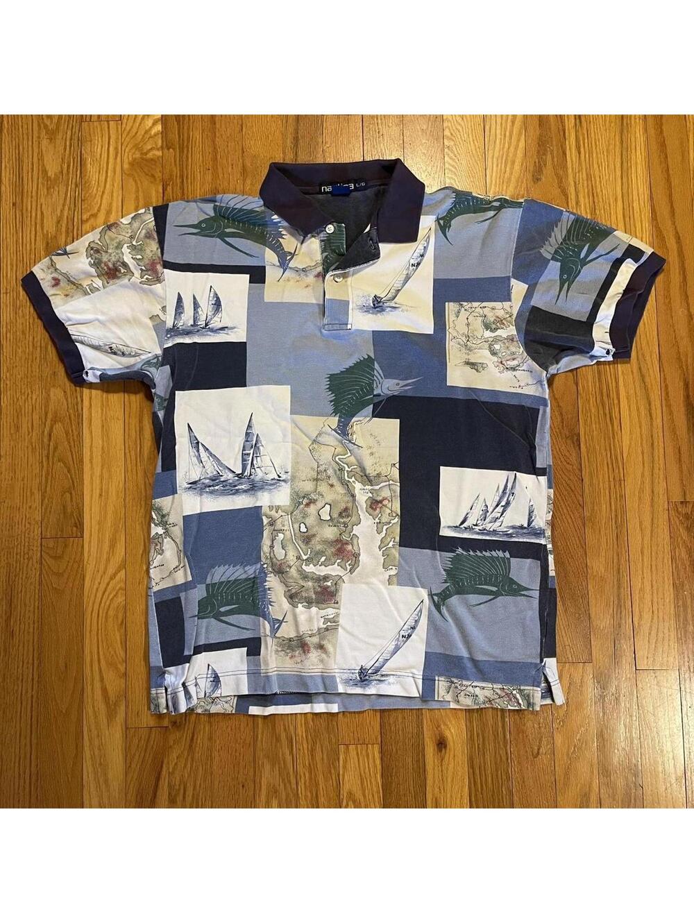 Vintage Nautica SS Polo Shirt All-Over Print 100% Cotton Knit Sailing Mens L